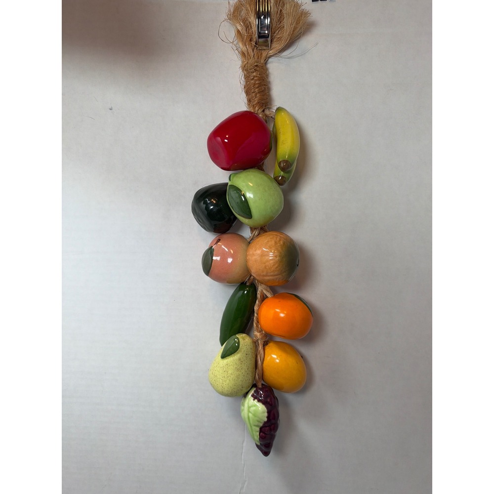 Vtg Hanging Braided Jute Rope Ceramic Fruit Kitchen MCM Banana Apple Orange 14"